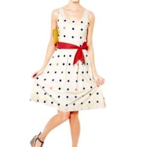 Garnet Hill 16 Summer Dress Cotton Fit and Flare Red,Off white, Blue Dots Sleeve